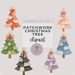 May include: A collection of seven patchwork Christmas tree clipart images. Each tree features a unique design with various patterns and colors, including red, green, pink, blue, black, and purple. Each tree is topped with a star and bow. The text "Patchwork Christmas Tree Clipart" is also included.