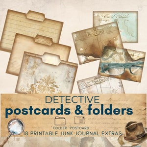 Junk Journal Kit Detektiv, Journal Postkarten & Ordner, Detektiv Bastelkit, vintage Krimi Junk Journal Seiten, Mystery Junk Journal Kit