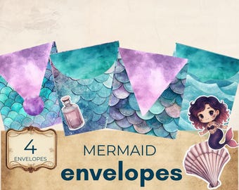 Mermaid Junk Journal Envelopes, mermaid fussy cuts,  teal and purple, fantasy journal, ephemera,  printable paper scrapbook kit