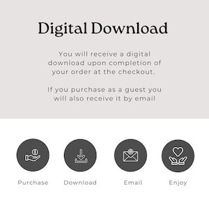 May include: A digital download graphic with the text "Digital Download". Below the text are four circular icons labeled "Purchase", "Download", "Email", and "Enjoy". The text explains how to receive the digital download.