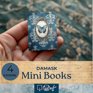 Mini libro stampabile sulla casa delle bambole, libro in miniatura in damasco vintage, carta per diario con farfalle, foglio per collage, libro di carta sulla casa delle bambole