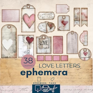 Cartas de amor, efímeras para diario basura, efímeras imprimibles para diario basura rosa, tarjetas efímeras para diario basura de San Valentín, hojas de collage, manualidades de papel