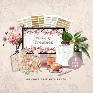 The image is a collage featuring various items related to a "Kupsakes & Freebies" theme, including a laptop, flowers, a clipboard, and a coffee cup. The text "INCLUDED FREE WITH ORDER" is visible, suggesting that these items are part of a bundled package or offer.