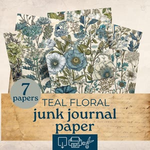 Teal Floral Junk Journal Paper, Vintage hand drawn florals Paper, shabby chic ephemera,Digital download printable, scrapbooking supplies