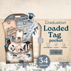 Zaktags voor afstuderen junkjournal, afgestudeerde geladen junkjournal-tags, afdrukbare ephemera, collage van scrapbookingpapier, cadeau voor afgestudeerde
