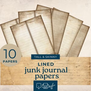 Könnte beinhalten: Ein Stapel von zehn hohen und schmalen, linierten Junk-Journal-Papieren mit Vintage-Ästhetik. Die Papiere haben eine cremefarbene Farbe mit gealterten Rändern und horizontalen Linien. Die Wörter "TALL & SKINNY" und "LINED junk journal papers" sind ebenfalls sichtbar.