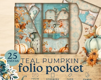 Teal pumpkin fall  junk journal folio, flower fussy cuts, fall trifold pocket ephemera, vintage autumn printable paper scrapbook kit