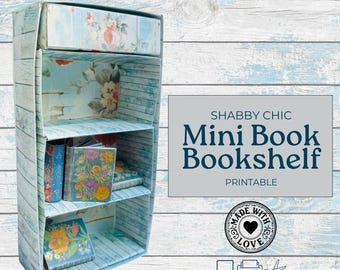 Utskrivbar miniask skräpjournal, shabby chic bokhylla för miniböcker, miniatyrpysselförvaring, minibokorganisatör, skräpjournalbokhylla
