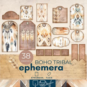 Boho junk journal book, terracotta western junk journal ephemera,Digital download printable, tribal pattern tags, collage sheet, paper craft