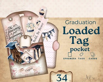 May include: A graduation-themed loaded tag pocket with 34 pieces. The pocket features tags with floral and graduation cap illustrations, and the text "The journey is just beginning," "Bold, Be Brave," and "Congrats."