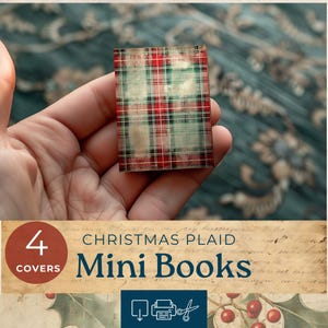 Afdrukbaar mini-poppenhuisboek, geruit kerstminiatuurboek, shabby chic kerstafvaldagboekpapier, collagevel, papieren poppenhuisboek