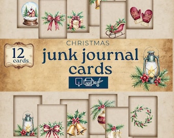 Julkort med skräpjournal, utskrivbara ephemera för dagbok, festliga scrapbookingkort, julkort med skräpjournalkit,