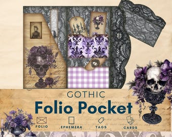 Gothic junk journal folio, dark academia folio pdf, paper craft, trifold pocket ephemera, purple and black printable paper scrapbook kit