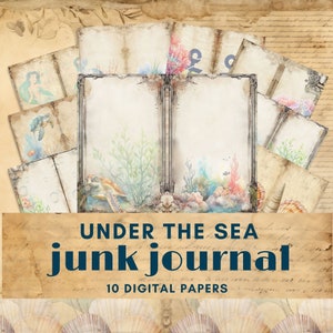 Papel digital para diario basura bajo el mar, efímera imprimible de sirena, álbum de recortes de papel reciclado con collage submarino antiguo, collage de papel