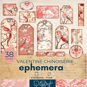 valentijnsdagboek kortstondig, chinoiserie-junkdagboek, rode en roze junkdagboektags, afdrukbare papieren plakboekkit, collagevel