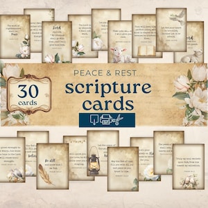 May include: A collection of 30 scripture cards with floral and dove illustrations. The cards feature inspirational quotes and the words "PEACE & REST" and "scripture cards". The cards are designed with a vintage aesthetic.