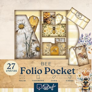bee junk journal pocket, bee folio, beekeeper ephemera, digital collage sheet, scrapbooking printable digital paper, fussy cuts, JJB101