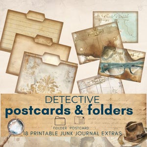 Junk Journal Kit Detective, journal postcards & folders, detective crafting kit, vintage crime junk journal pages, mystery junk journal kit