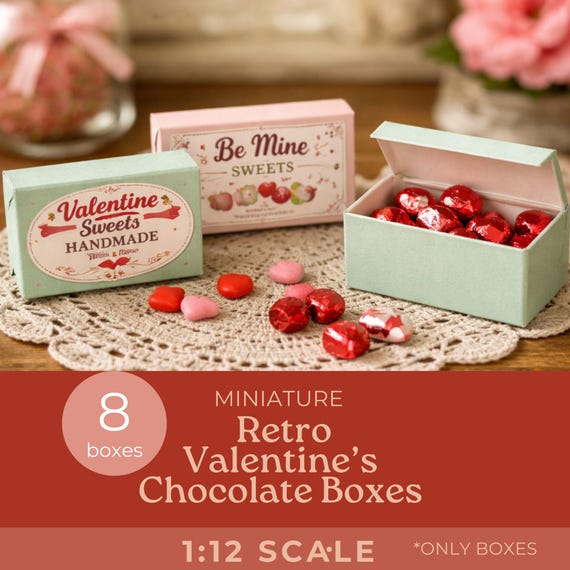 Miniature Dollhouse Valentine's Chocolate Boxes, charming festive decor, Printable for dollhouse accessories, Dollhouse food printable, 1:12