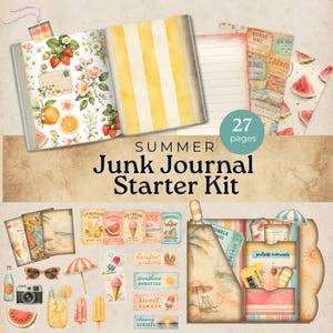 May include: A summer-themed junk journal starter kit with 27 pages. The kit includes a journal with floral and striped pages, along with decorative elements like watermelon slices, ice cream, and beach-themed ephemera. The text "Summer Junk Journal Starter Kit" is displayed.