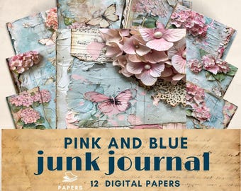Páginas de diario basura con motivos florales en tonos rosa pastel y azul, material efímero para diario shabby chic, kit de manualidades con acuarela pastel, páginas de diario basura imprimibles.