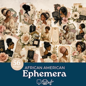 May include: A collage of 56 African American ephemera images. The images include portraits of women, butterflies, flowers, and vintage-style labels. The color palette is soft, with tones of beige, pink, and brown. Text includes "grace", "love", and "be your own muse".