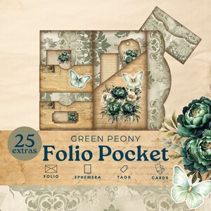 Grüne Pfingstrose Junk Journal Folio, wählerische Schmetterling Schnitte, smaragdgrüne dreifach faltbare Tasche Ephemera, bedruckbares Papier Scrapbook Kit
