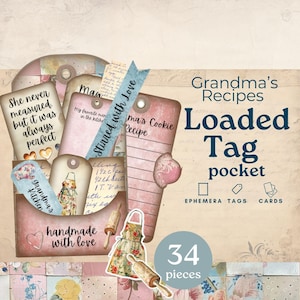 Grandma&#39;s junk journal pocket tags, loaded junk journal tags, grandmother junk journal kit, ephemera, scrapbooking paper collage