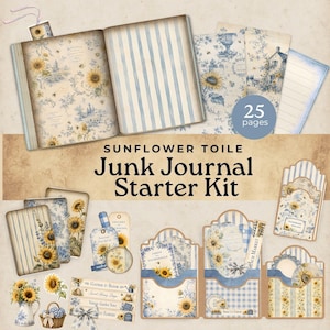 May include: A junk journal starter kit with a sunflower toile theme. The kit includes a journal, tags, and decorative papers. The journal has blue striped and sunflower patterned pages. The kit includes 25 pages.