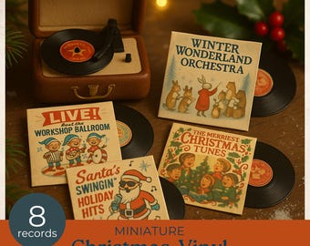 Printable miniature Vinyl Records, Christmas record album covers, holiday dollhouse accessories, music theme junk journal, retro, 1:12 scale