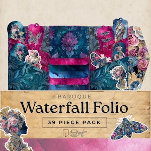 Könnte beinhalten: Ein Barock-Wasserfall-Folio-Kit mit Vintage-Ästhetik. Das Kit enthält dekorative Tags und Taschen mit floralen, Schmetterlings- und Statuen-Designs in Teal, Pink und Lila. Der Text "Waterfall Folio" und "39 Piece Pack" sind sichtbar.