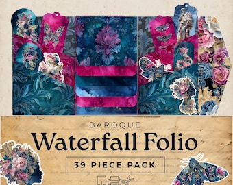 Baroque Waterfall Folio, maximalist junk journal kit, trifold pocket ephemera, printable paper scrapbook kit, paper flaps, hidden pocket