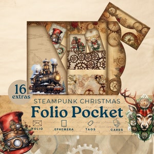 Pasta Steampunk para diário de Natal, pasta para diário de Natal, itens de bolso triplo, kit de scrapbook de papel para impressão