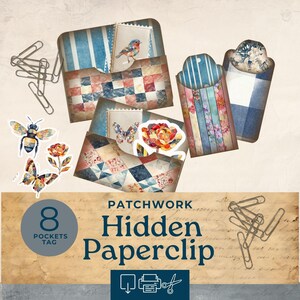 Hidden paperclips printable, patchwork hidden paperclip bookmark ,shabby chic vintage printable ephemera, junk journal supplies, stamps