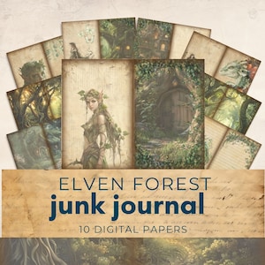 Junkdagboek Elven Forest, afdrukbare efemere dieren uit het bos, vintage fantasie elfenfeeën gerecycled plakboek, afdrukbare boscollage