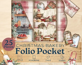 Christmas Bakery Junk Journal folio , Vintage Christmas Plaid junk journal folio, trifold pocket ephemera, printable paper scrapbook kit