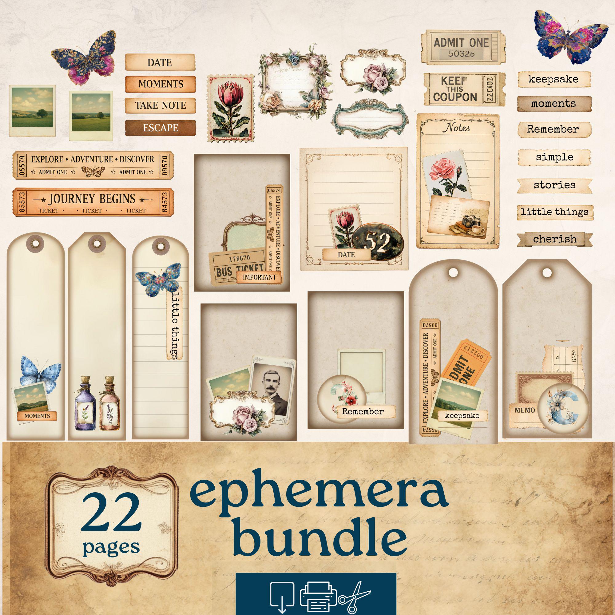 Junk Journal Ephemera Bundle, Lined Printable Tags Cards, Scrapbooking ...