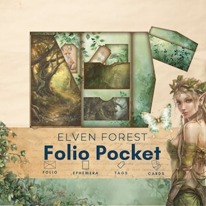 Elven Forest junk journal folio, fantasy elf feeën folio pdf, driebladige papier ambacht, bos bos dier afdrukbaar papier plakboek kit