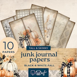 Fall Tall and Skinny Junk Journal printables , black and white tall skinny journal, junk journal pages, journal ephemera, digital download