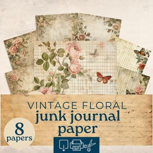 Vintage Floral Junk Journal Paper, Vintage gingham Paper, shabby chic ephemera,Digital download printable, scrapbooking supplies