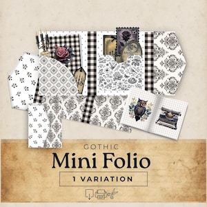 May include: A Gothic mini folio with various patterned papers, including black and white floral, damask, and gingham designs. The folio includes a small notebook with an owl illustration and a vintage typewriter. The text on the folio reads "Gothic Mini Folio".