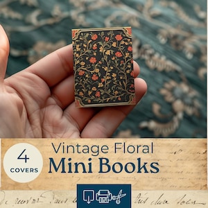 Printable dollhouse mini book, vintage floral miniature book, junk journal paper, mini book covers, paper dollhouse , MB101