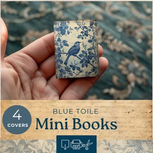 Printable dollhouse mini book, blue toile de jouy miniature book, junk journal paper, collage sheet, paper dollhouse book MB101