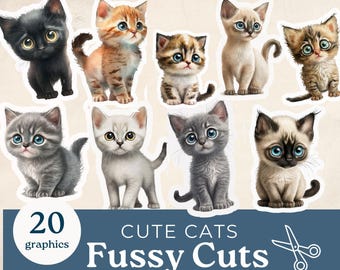 Fussy Cut Cats, Digital printable Junk Journal, Scrapbooking Ephemera, cute kittens vintage junk journal supplies, embellishments