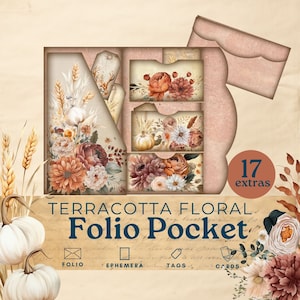 Terracotta bloemen herfst junk journal folio, oranje en bruine kieskeurige sneden, efemere herfstzakken, vintage herfst afdrukbaar papieren plakboek