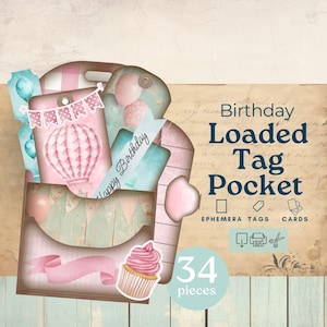 Loaded Tags, Junk Journal, Shabby Chic, Geburtstagsgeschenk, Taschenanhänger zum selbst Ausdrucken, Scrapbooking Papiercollage, türkis und pink