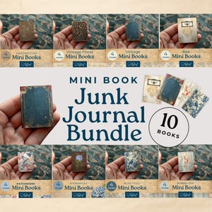 Printable dollhouse mini book bundle, vintage miniature book, junk journal paper, collage sheet, paper dollhouse book, set of 10