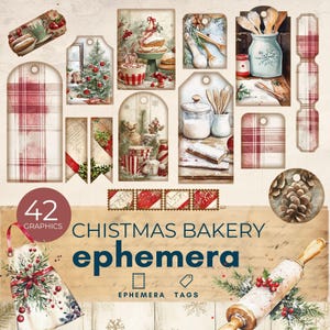 Diário de sucata de padaria de Natal, etiquetas de Natal vintage, itens efêmeros chiques e surrados, download digital para impressão, diário de sucata de cartões de receita digital