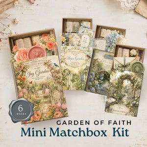 May include: A set of six Garden of Faith mini matchbox kits featuring floral and garden-themed illustrations. Each box contains decorative paper items, small books, and wax seals. The collection includes titles like Joy Garden, Hope Garden, and Prayer Garden.