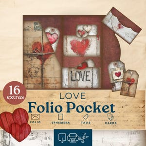 Bolsillos para diario basura de San Valentín, diario basura con cartas de amor, kit de álbum de recortes de papel imprimible, manualidades de papel rojo, hoja de collage